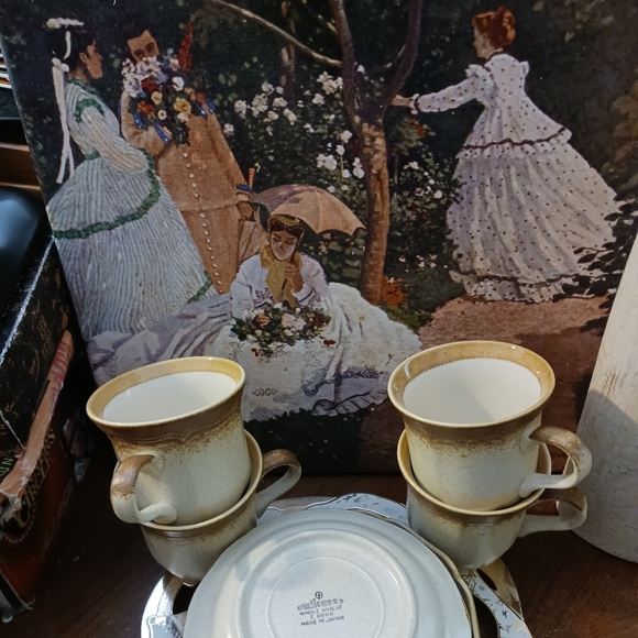 80's Mikasa WHOLE WHEAT Cream Center Brown Edge Stoneware Cups&Saucers Set 4. - Picture 14 of 16